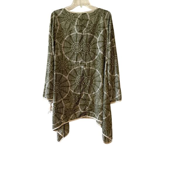 Wednesdays Give Back Boho Green Cream Tunic Mini Dress Womens Medium Bell Sleeve - Picture 2 of 6